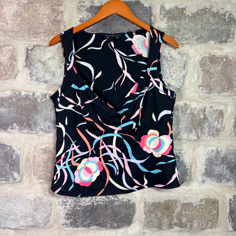 Parallel Women's Floral Abstract Surplice V-Neck Sleeveless Blouse Black Large